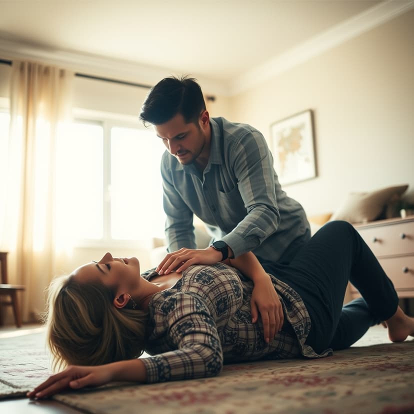 The Husband Collapses After Pushing His Wife to the Floor
